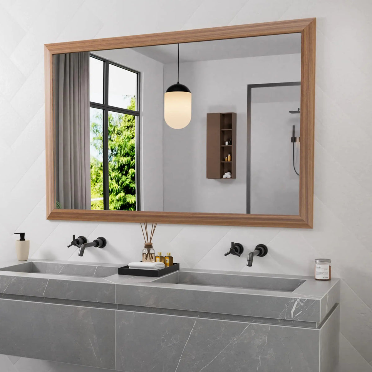 Amorho Bathroom Mirror 50x30 Inch Wall Mirror Walnut Wood Grain Metal Framed Anti-Rust Hang Horizontally/Vertically Suitable for Bedroom Farmhouse Bathroom Decorative